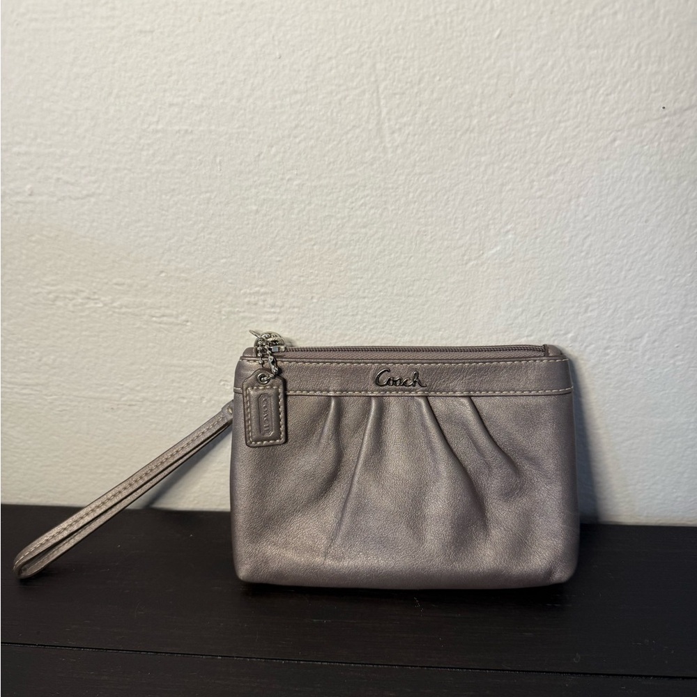 Coach Metallic Leather Wristlet Clutch Purse Silver Mini Zip Bag